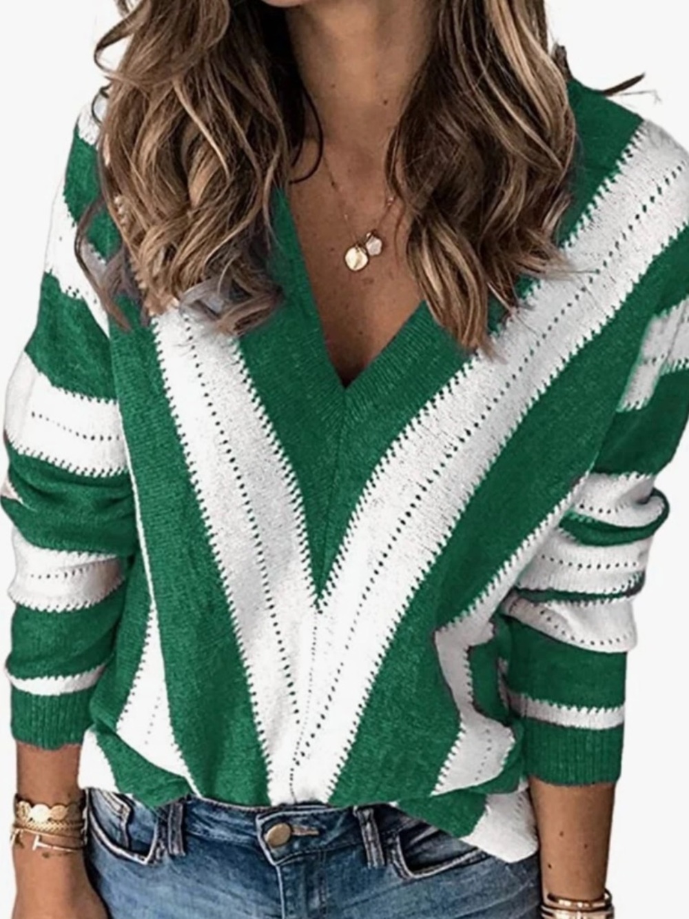 Green & White V Neck Stripe Eyelet Acrylic Knit Long Sleeve Sweater Size L